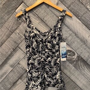 GABAR - Vintage Style Blue and White Tropical One Piece Tummy Control Swimsuit